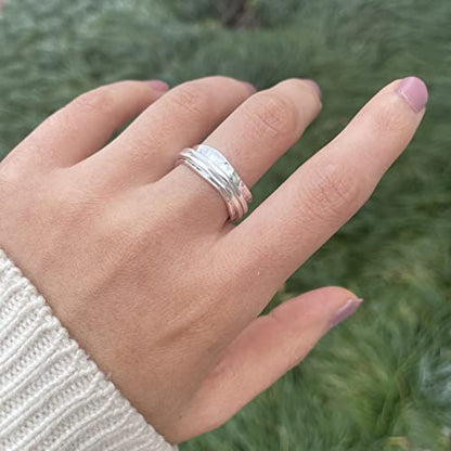 925 Sterling Silver Anxiety Ring with Beads Fidget Spinning Rings for Women Worry Beads Rings - color: hammered design B