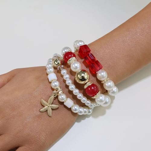 Bohemian Pearl Bracelet Set, 4 Piece Elastic Stretch Beaded Wrist Chain with Starfish Pendant, Boho Faux Pearl Multi-Color Stackable Bracelets for Women - color: Red