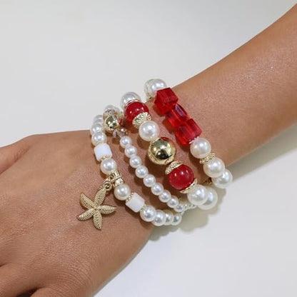 Bohemian Pearl Bracelet Set, 4 Piece Elastic Stretch Beaded Wrist Chain with Starfish Pendant, Boho Faux Pearl Multi-Color Stackable Bracelets for Women - color: Red