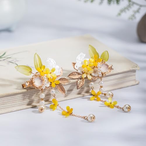 A Pair Wedding Hair Clips, Handmade Floral Design Crystal Hair Clips Pearl Barrettes, Rhinestones Flower Clips Pearl Headpieces Hair Pins Hair Accessories for Women Girls (Yellow) - color: Yellow