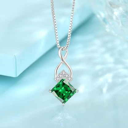 Infinity Necklace 925 Sterling Silver Princess Cut Pendant Birthstone Jewelry for Women - color: Emerald Green