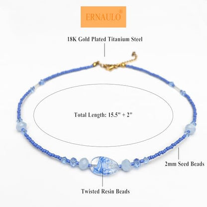 Beaded Necklaces for Women Summer Beach Beaded Necklace Bead Choker Boho Necklaces for Women Handmade Summer Jewelry Stainless Steel 18K Gold Plated - color: Blue