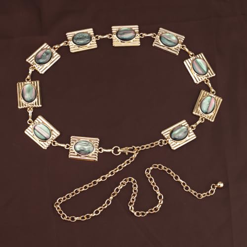 ILuvatar Green Glass Diamond Chain Belt - Metal Women's Western Style Dress Belt - color: Gold-e34