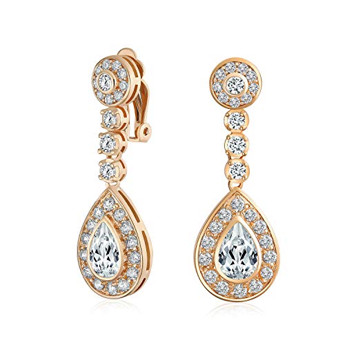 Bling Jewelry Statement Teardrop Cubic Zirconia AAA CZ Dangle Chandelier Screw Clip On Earrings For Women Silver Plated More Colors - color: Rose