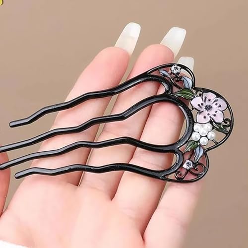 2 Pack Flower Pattern U Shaped Hair Pins for Buns Creative 4 Prong Hair Updo Hair Sticks Metal Teeth Hair Fork Clips Attractive Hair Accessories (Multi-Color)
