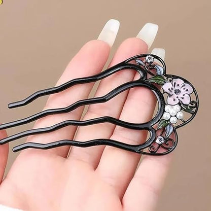 2 Pack Flower Pattern U Shaped Hair Pins for Buns Creative 4 Prong Hair Updo Hair Sticks Metal Teeth Hair Fork Clips Attractive Hair Accessories (Multi-Color)