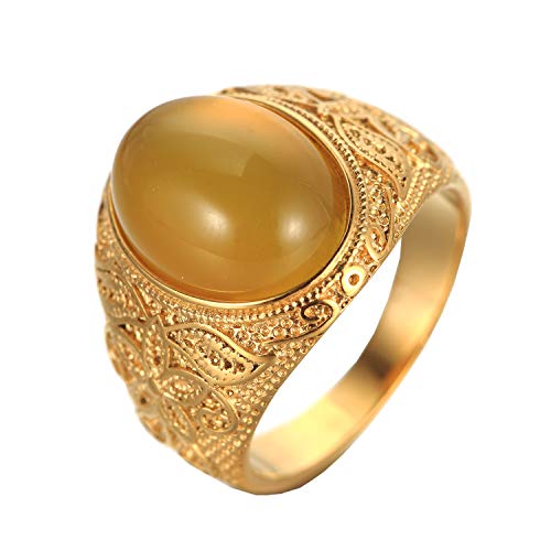 Retro Unisex Stainless Steel Oval Gemstone Hollow Flower Carved Signet Ring - color: Gold-Yellow