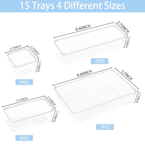 Manalete Drawer Organizers Set of 15, 4 Sizes Clear Plastic Drawer Organizers and Storage Bins for Kitchen, Bathroom, Office, Dresser Desk Drawer Organizer Tray for Jewelry, Makeup, Junk, Gadgets - size: 15Pack(0-0-1-2-5-7)