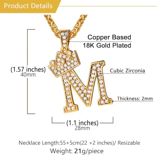 U7 Crown Initial Necklace Men Women, Bling Diamond A-Z 0-9 Letter Pendant with Wheat Chain, Silver/Black/Gold Plated CZ Alphabet Number Hip Hop Jersery for Father Husband - color: a. Gold, size: 13. M