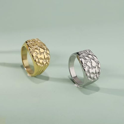 18K Gold Plated Chunky Nugget Rings for Women Stainless Steel Ring Gift Box - color: Gold