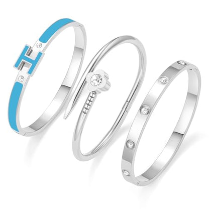 3Pcs Gold Bracelets for Women 14K Gold Plated Love/H/Nail Bangle Bracelet Dainty Non Tarnish Bracelet Jewelry Christmas Mothers Day Gifts for Women - color: 3Pcs Silver/Blue H bracelet