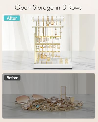 VLANDO Jewelry Stand Organizer with Ring Holder Tray, Necklace and Earring Storage for Bracelets, Watches and Rings, PU Leather Covered Wooden Tray with Gold Metal Frame - White - color: White