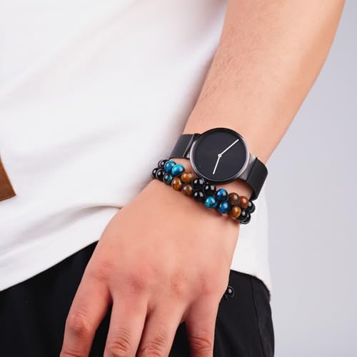 Triple Protection Bracelet,Bracelets for Men Women, Natural Tiger Eye Jewelry Stone Hematite and Blue Stone Hematite 8mm Crystal Bracelet - Adjustable Size with Premium Gift-Box - color: Black-Brown-Blue