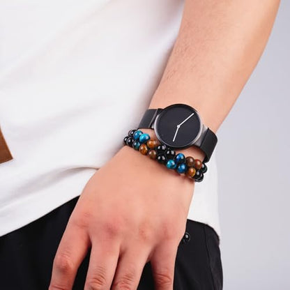 Triple Protection Bracelet,Bracelets for Men Women, Natural Tiger Eye Jewelry Stone Hematite and Blue Stone Hematite 8mm Crystal Bracelet - Adjustable Size with Premium Gift-Box - color: Black-Brown-Blue