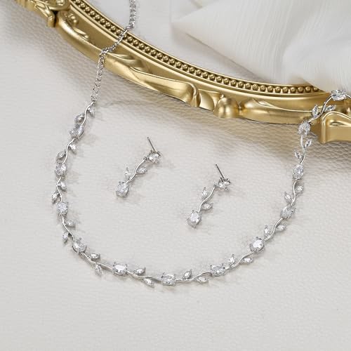 Wedding Jewelry Set for Women CZ Teardrop Flower Leaf Filigree Necklace Earrings Party Prom Accessories - color: Marquise Silver-Tone