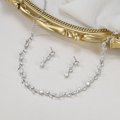 Wedding Jewelry Set for Women CZ Teardrop Flower Leaf Filigree Necklace Earrings Party Prom Accessories - color: Marquise Silver-Tone