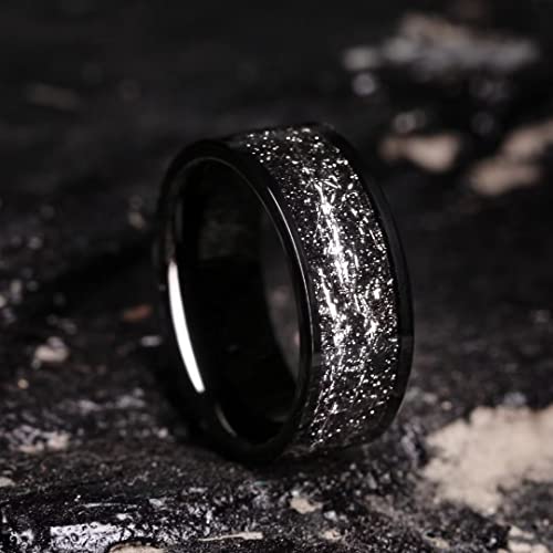 King Will Mens Wedding Band with Foils Inlay, Black/Silver/Gold Beveled Edge Glowstone Ring, 6mm/8mm Tungsten Carbide Rings Comfort Fit - color: Pipe Cut-Black&Silver-8mm