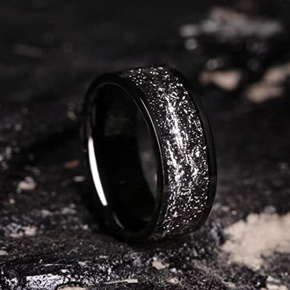 King Will Mens Wedding Band with Foils Inlay, Black/Silver/Gold Beveled Edge Glowstone Ring, 6mm/8mm Tungsten Carbide Rings Comfort Fit - color: Pipe Cut-Black&Silver-8mm