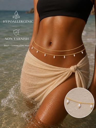 Waist Chain for Women Belly Chain Waist Beads Body Chain | 14K Gold Plated Chain Belts, Waterproof Non Tarnish Body Jewelry, Dainty Sexy Gift for Her, Layered Summer Beach Accessories - style: twist & pearl
