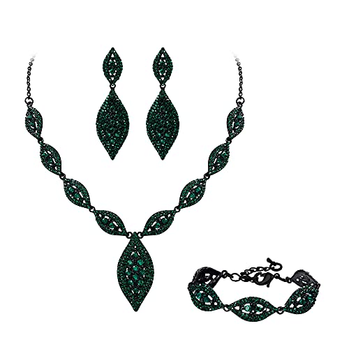 Flyonce Wedding Jewelry Set Rhinestone Crystal Bridal Leaf Necklace Drop Dangle Chandelier Earrings Sets for Women - color: Green Black-Tone