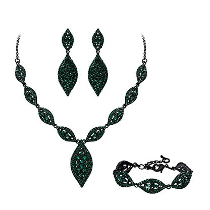 Flyonce Wedding Jewelry Set Rhinestone Crystal Bridal Leaf Necklace Drop Dangle Chandelier Earrings Sets for Women - color: Green Black-Tone