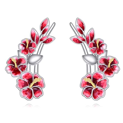Ear Climbers Earrings for Women Sterling Silver Vintage Ear Crawler Earrings Jewelry Gifts for Women - style: Hibiscus