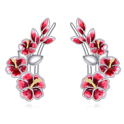 Ear Climbers Earrings for Women Sterling Silver Vintage Ear Crawler Earrings Jewelry Gifts for Women - style: Hibiscus