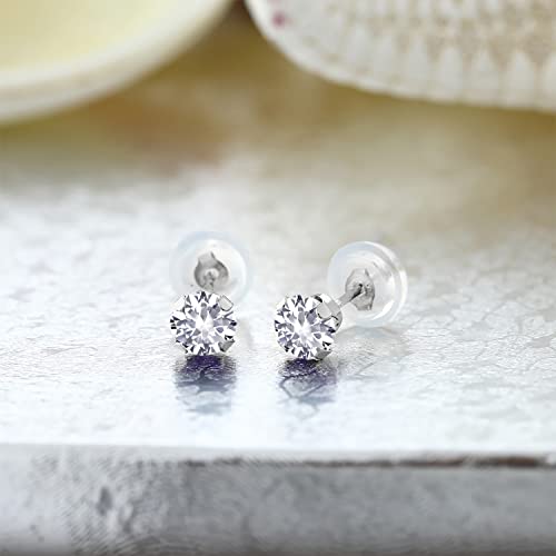 Gem Stone King 14K Gold Gemstone Birthstone Stud Earrings For Women Men | 4MM Round Cut | Solitaire Gold Studs with Secure Backs | Fine Jewelry for Her Him Mom Dad Wife - color: White Created Sapphire-September