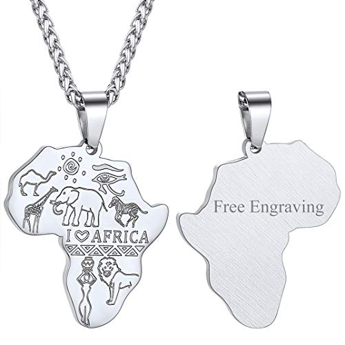 GOLDCHIC JEWELRY Africa Map Necklace for Men, Stainless Steel African Tribal/Egyptian Eye of Horus/I LOVE AFRICA/Elephant Map Hiphop Jewelry Unisex with 22'+2'Adjustable Chain - color: Animals - Stainless Steel, style: Personalised Engraving