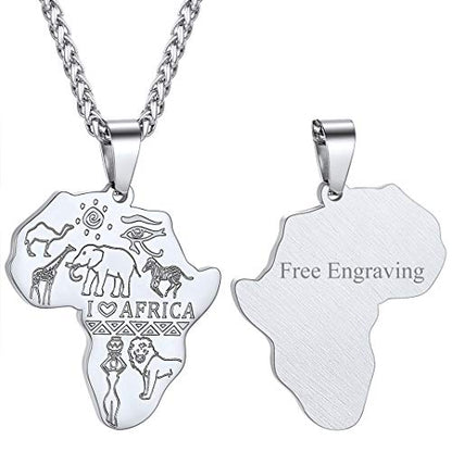 GOLDCHIC JEWELRY Africa Map Necklace for Men, Stainless Steel African Tribal/Egyptian Eye of Horus/I LOVE AFRICA/Elephant Map Hiphop Jewelry Unisex with 22'+2'Adjustable Chain - color: Animals - Stainless Steel, style: Personalised Engraving
