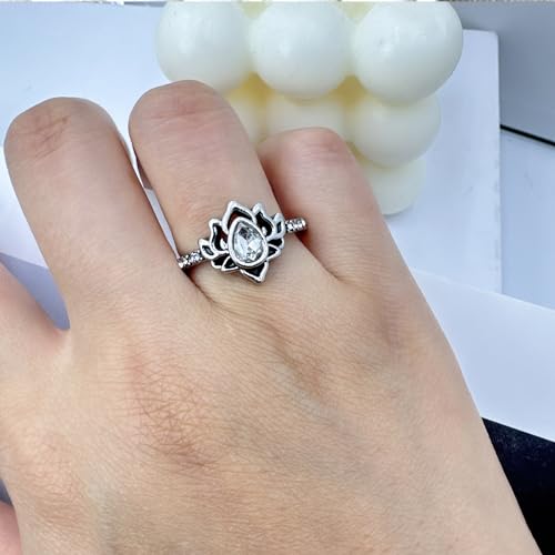 Lotus Ring for Women - Zircon Inlaid Flower Promise Ring - My Trauma Inspirational Statement Floral Jewelry Gift - color: white