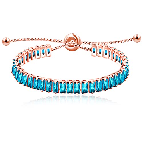 Uloveido Classic Emerald Cut Rectangular Cubic Zirconia Eternity Tennis Bracelet Adjustable for Women Y1788 - color: Rose Gold-Light Blue