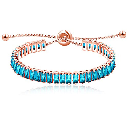 Uloveido Classic Emerald Cut Rectangular Cubic Zirconia Eternity Tennis Bracelet Adjustable for Women Y1788 - color: Rose Gold-Light Blue