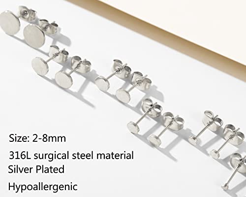 Unisex 6 Pairs Dot Stud Earrings, Surgical Steel Gold Plated Black Tiny Flat Disc Stud Earrings for Women Men - color: Silver-2/3/4/5/6/8mm