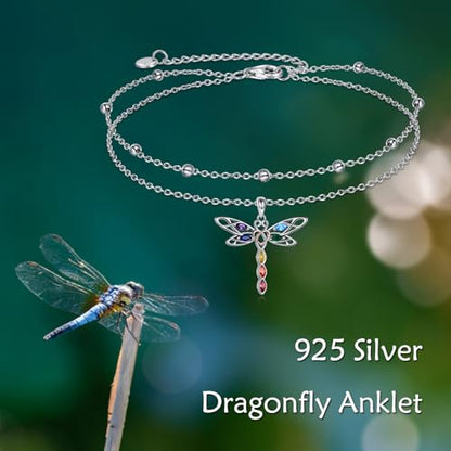 POPLYKE Frog/Pearl/Dragonfly/Ladybug/Highland Cow/Pearl/Moonstone Anklets Sterling Silver Double Layered Chain Beach Anklets for Women Foot Jewelry - style: Dragonfly Anklets-1