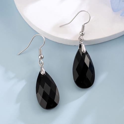 SELOVO Teardrop Fishhook Dangle Drop Earrings for Women Crystal Earring - color: Black-Silver Color Hook