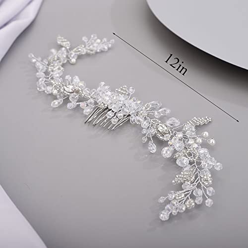 Chargances Wedding Crystal Beaded Hair Vine Comb Bridal Long Pearl Leaf Hair Vine Comb Green Rhinetone Handmade Headpiece Hair Accessories for Wedding Prom Flower Girl (Green-gold) - color: Green-gold