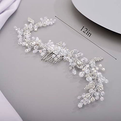 Chargances Wedding Crystal Beaded Hair Vine Comb Bridal Long Pearl Leaf Hair Vine Comb Green Rhinetone Handmade Headpiece Hair Accessories for Wedding Prom Flower Girl (Green-gold) - color: Green-gold