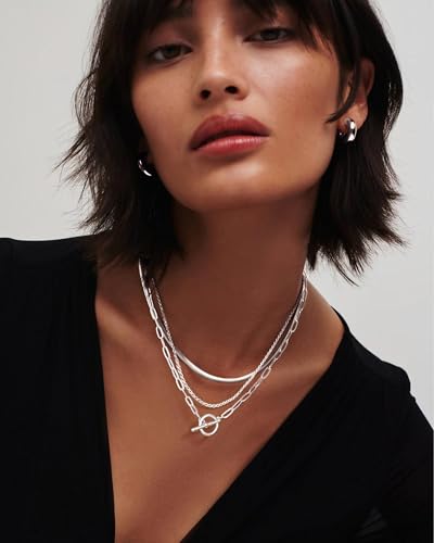 Freekiss 3-Piece Layered Toggle Necklace for Women | Gold/Silver necklace set with herringbone, rope, and paperclip chains plus a toggle clasp for layering, parties, and gifts - color: 3-Piece Paperclip Silver