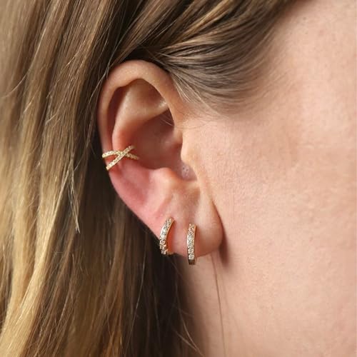 OOOPEL 3 Pairs 14K Gold Plated Ear Cuffs Non Piercing Lightweight Stackable Chunky Earring Cuff for Women Adjustable Non-Fading Fake Earrings Suitable for Christmas Gift - style: Cross CZ