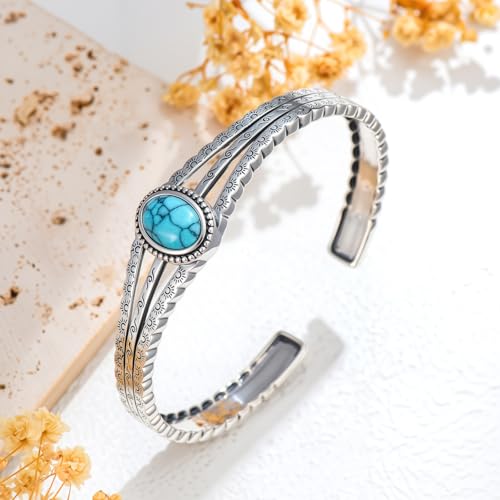 925 Sterling Silver Oval Turquoise Exquisite Cuff Bracelet Boho Style Adjustable Bracelet Jewelry Gifts for Women Mother - style: Cuff Bracelet 3