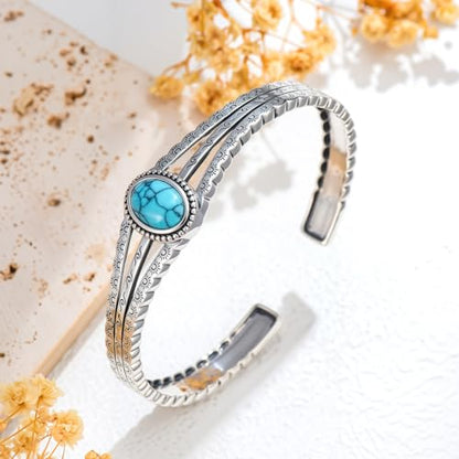 925 Sterling Silver Oval Turquoise Exquisite Cuff Bracelet Boho Style Adjustable Bracelet Jewelry Gifts for Women Mother - style: Cuff Bracelet 3