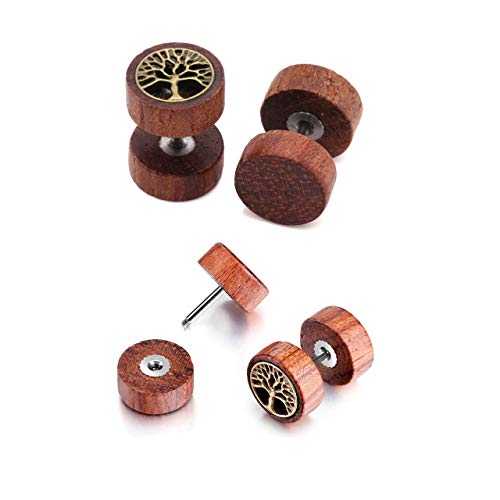 JOVIVI 8 Pairs 18G/16G Wood Faux Gauges Earrings For Men Women Punk Stainless Steel Turquoise Barbell Stud Earrings Fake Flesh Ear Tunnels Expander Plugs 00G Gauge Look