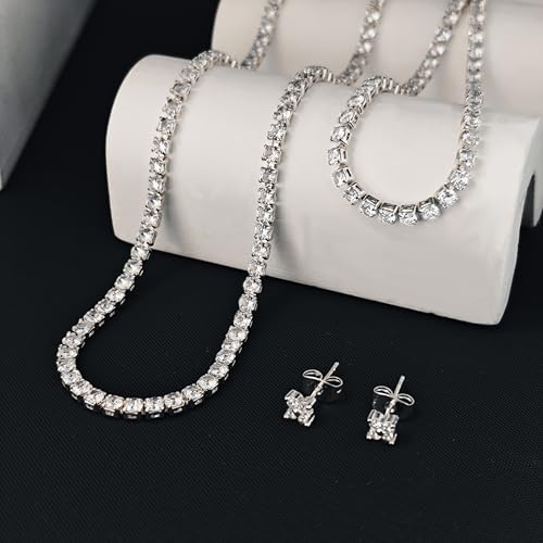 Luxval Tennis Necklace Set for Women Tennis Bracelets Diamond Earrings Sterling Silver Necklace Wedding Jewelry for Bride Silver Jewelry Sets for Women Gift - color: Silver-flower tennis set