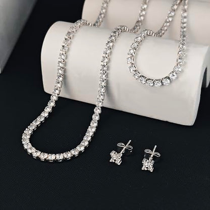 Luxval Tennis Necklace Set for Women Tennis Bracelets Diamond Earrings Sterling Silver Necklace Wedding Jewelry for Bride Silver Jewelry Sets for Women Gift - color: Silver-flower tennis set