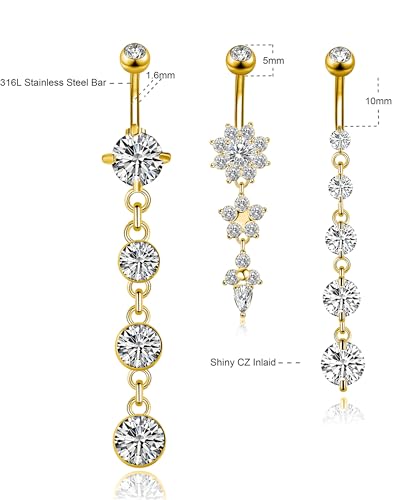 3-6PCS 14G 316L Stainless Steel Belly Button Rings for Women Navel Rings Barbell Dangle Flower CZ Body Piercing - color: C: 3 Pcs Gold-tone