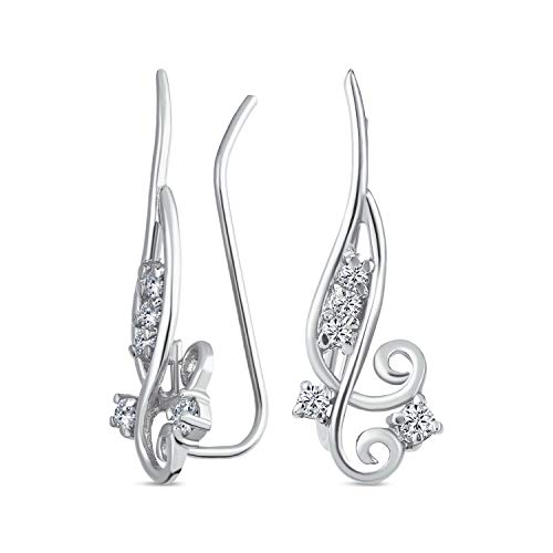 Trendy Scroll Swirl Wire Ear Pin Climbers Earrings For Women Teen AAA CZ Crawlers 14K Gold Plated .925 Sterling Silver