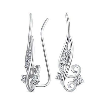 Trendy Scroll Swirl Wire Ear Pin Climbers Earrings For Women Teen AAA CZ Crawlers 14K Gold Plated .925 Sterling Silver