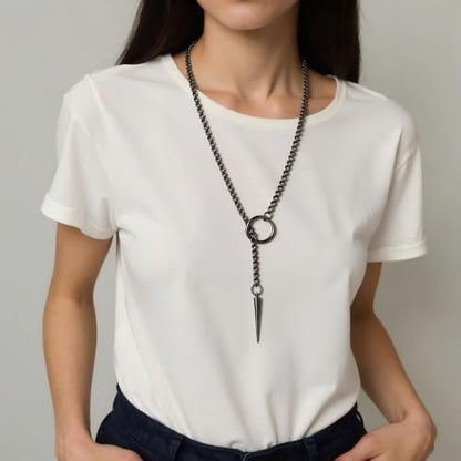 Slip Chain Choker for Women Handmade Black Stainless Steel Cuban Chain Chunky Moon Bat Raven Skull Pendant Gothic Punk Rock Collar Adjustable Lariat Y Necklace for Men - style: Black Spike