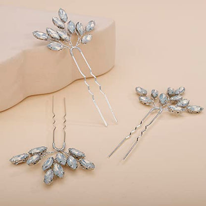 Teyglen 3pcs Bridal Crystal Hair Pins Rhinestones Hair Pieces Simple Crystal Wedding Hair Accessories Handmade Hair Pins for Women Bride Girls (Opal) - color: Opal